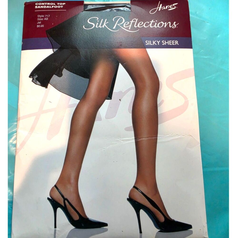 Vintage Hanes Silk Reflections Control Top Pantyhose, Color Jet Black, Size A/B